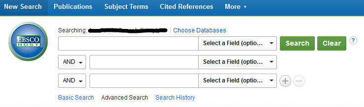 screenshot of EBSCOhost logo and standard search boxes