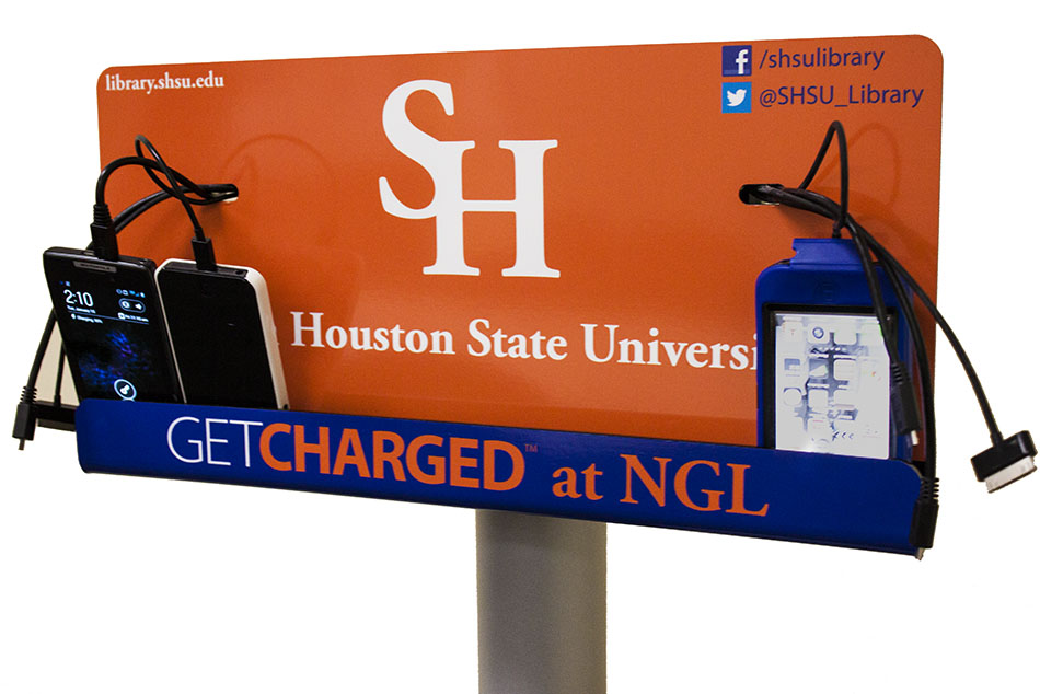 Mobile device charging station located in the Newton Gresham Library