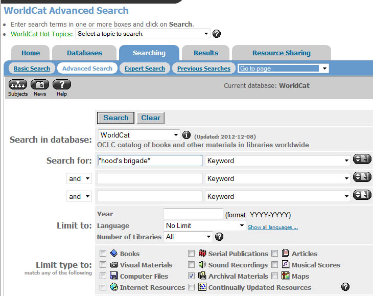 WorldCat search page with options to search for archival materials