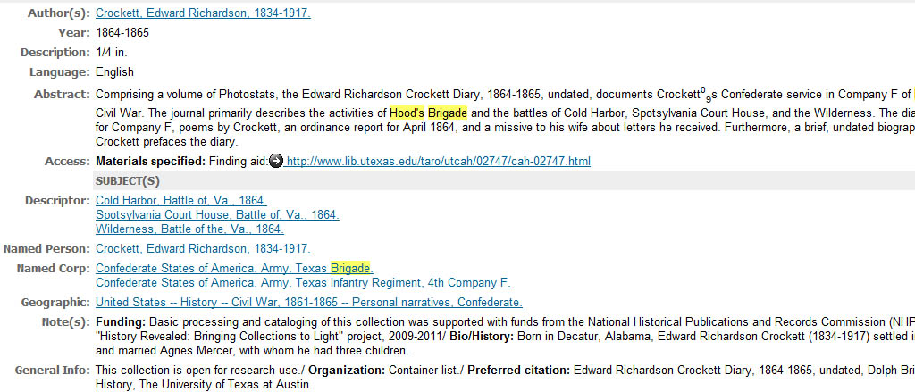 Archival collection detailed description in WorldCat